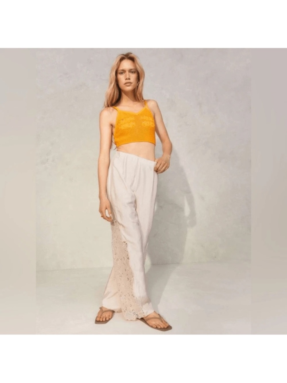 H&M Cream Wide-Leg Pants with Lace Side Panel
